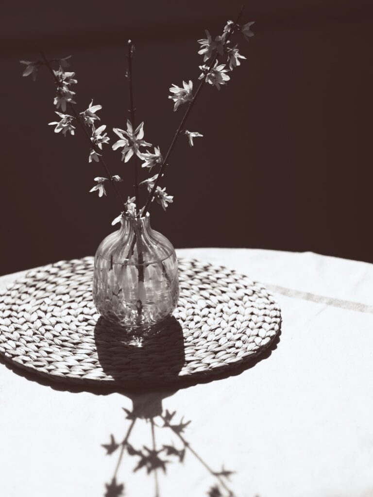 černobílá váza se větvičkami zlatice na stole