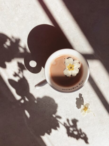 káva s&nbsp;petrklíčem a&nbsp;stíny z&nbsp;okna